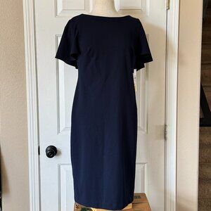 NWT Womens Calvin Klein Short Sleeve Crepe Flutter Sleeve Sheath Dress Navy 10